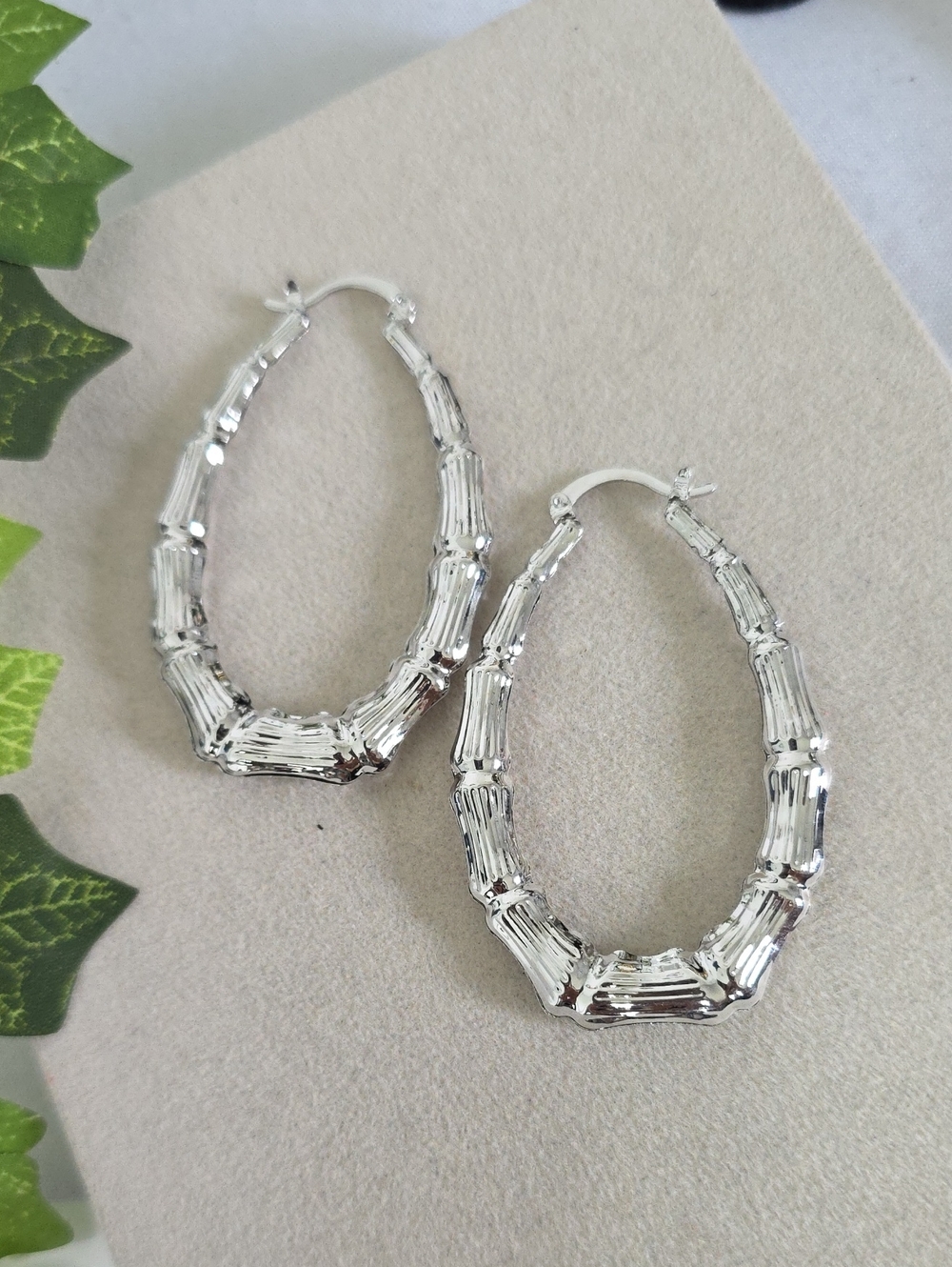 White Gold Filled Medium Size Oval Bamboo Hoop Earrings